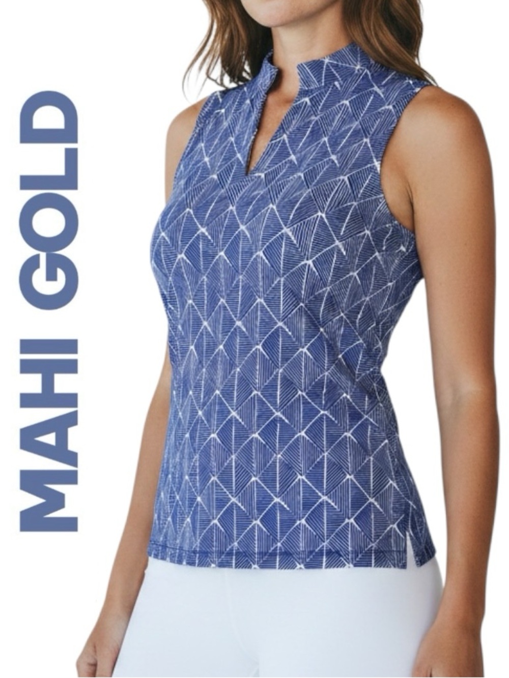 Mahi Gold Top Blue Geometric Pullover Sleeveless Mock Neck  Shirt Sz XL